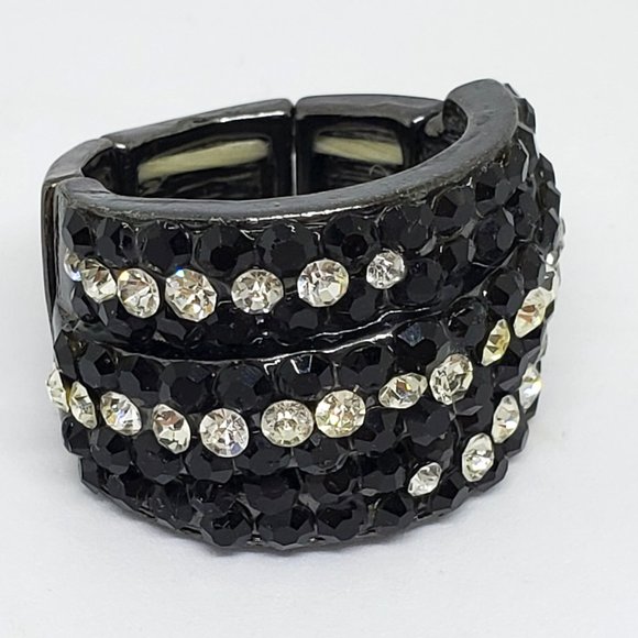 Pave' Black and Clear Rhinestone Cigar Band Fashion Stretch Ring - Picture 6 of 10